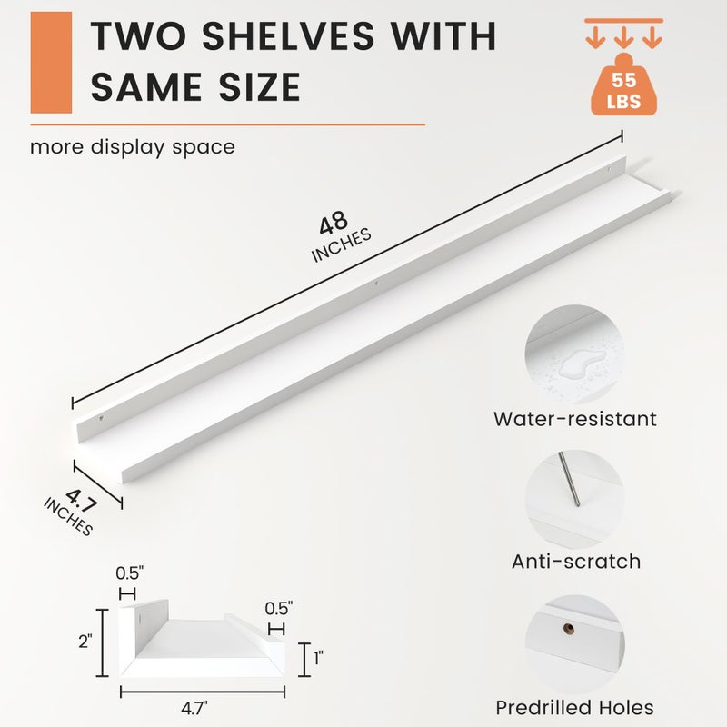 FLYJOE Picture Ledge Shelf, Floating Shelves Set of 2, 48 Inches Long Large Nursery Book Shelves for Toys Storage, Kids Bookshelf Wall Mounted for Living Room Bedroom Decor Books Photo Frames, White - Image 4