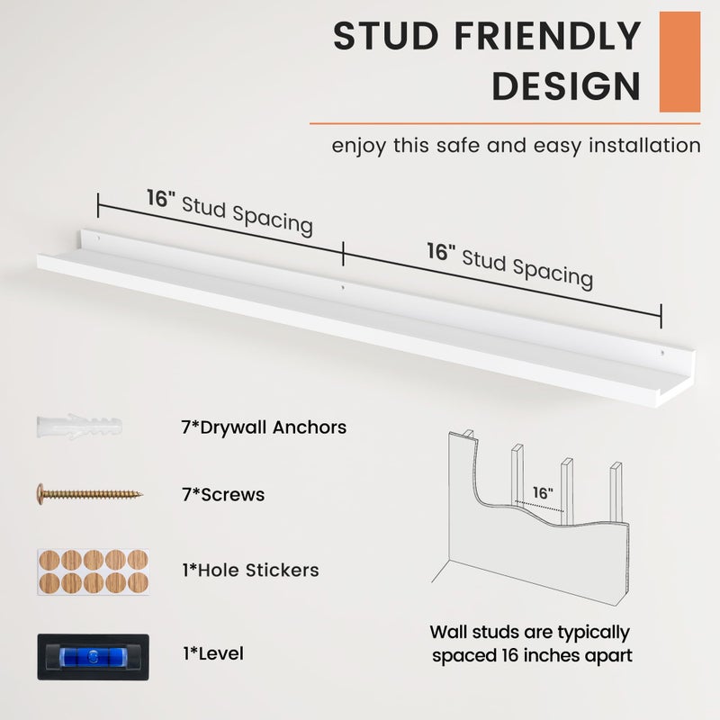 FLYJOE Picture Ledge Shelf, Floating Shelves Set of 2, 48 Inches Long Large Nursery Book Shelves for Toys Storage, Kids Bookshelf Wall Mounted for Living Room Bedroom Decor Books Photo Frames, White - Image 5
