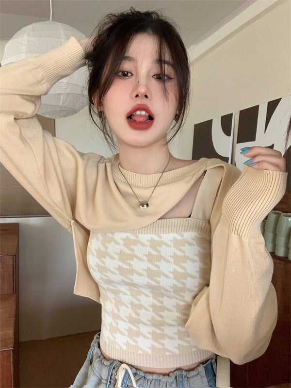 Fashion Knitted Top Set Womens Blouse Spring and Autumn Stacked Design Sling Top Two-piece Set 1609 apricot two-piece set 