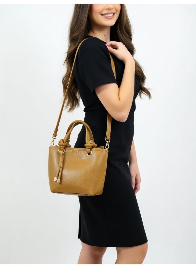 Elegant Knot Handle Shoulder Bag with Tassel & Gold Hardware-Mustard - Image 4