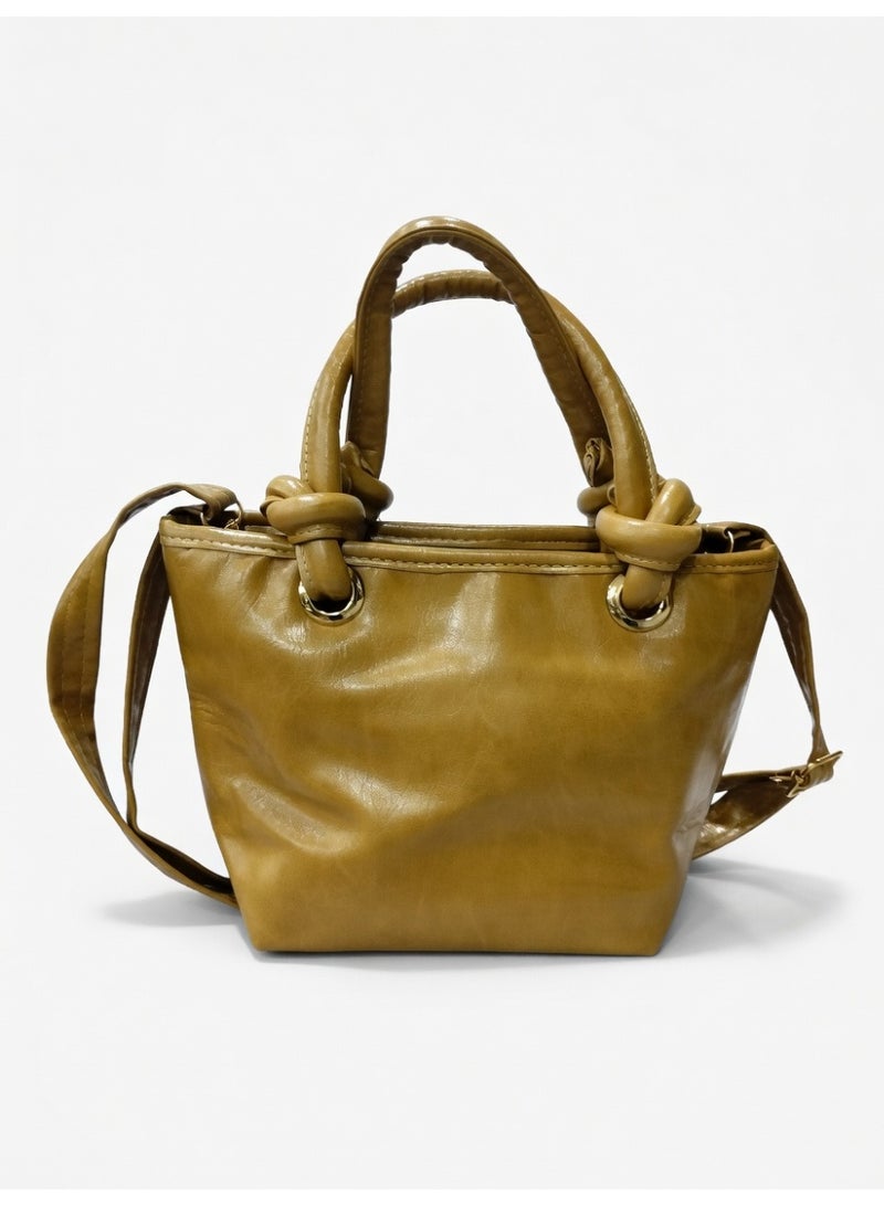 Elegant Knot Handle Shoulder Bag with Tassel & Gold Hardware-Mustard - Image 2