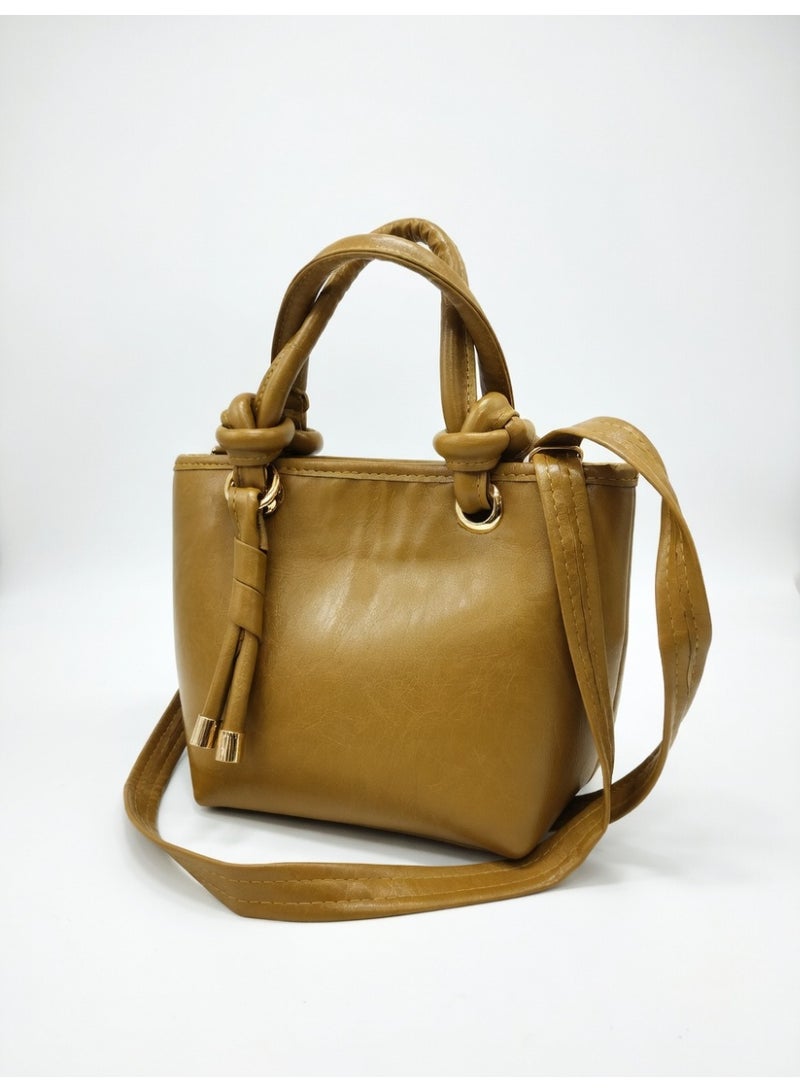 Elegant Knot Handle Shoulder Bag with Tassel & Gold Hardware-Mustard - Image 1