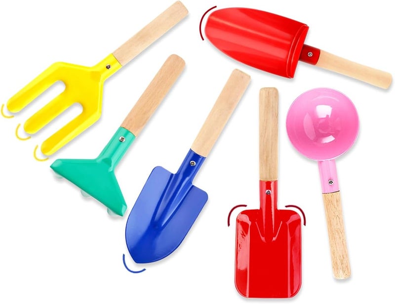 6 Piece Kids Gardening Tools, Children Beach Sand Toys, Made of Metal with Sturdy Wooden Handle, Safe Beach Gardening Set, Spoon, Fork, Rake & Shovel, Gifts for Kids - Image 1