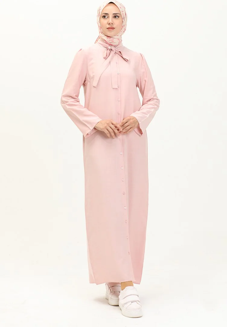 Sefa Merve Tie Collar Buttoned Dress 5111-07 Pink