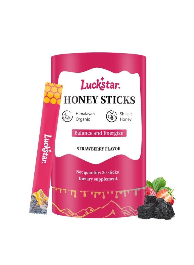 LUCKSTAR Honey Sticks | Strawberry Flavor | Himalayan Organic Honey & Shilajit Resin | Daily Energy & Stamina Boost | 30 Sticks Luckstar - Image 1
