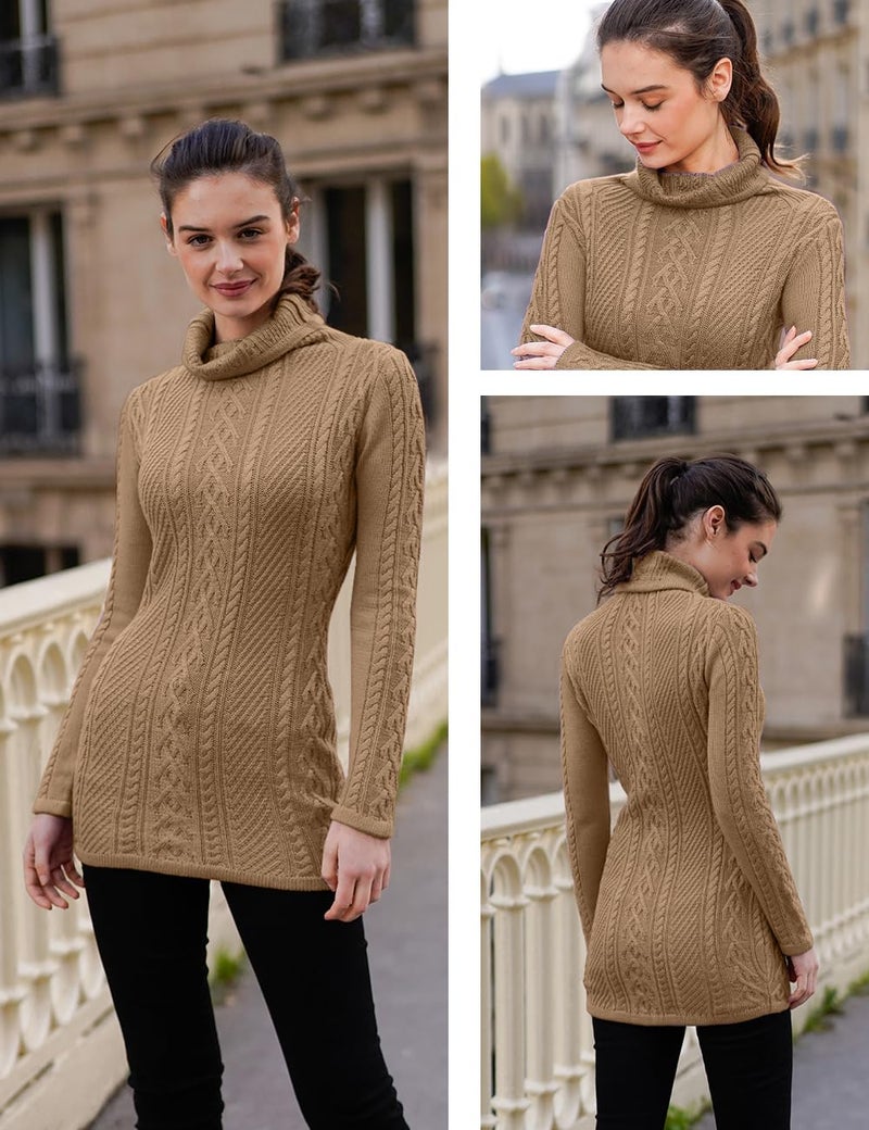 v28 Women Polo Neck Turtleneck Knit Stretchable Elasticity Long Slim Sweater (L,Khaki) - Image 4