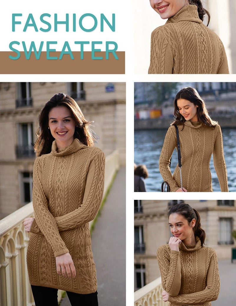 v28 Women Polo Neck Turtleneck Knit Stretchable Elasticity Long Slim Sweater (L,Khaki) - Image 3