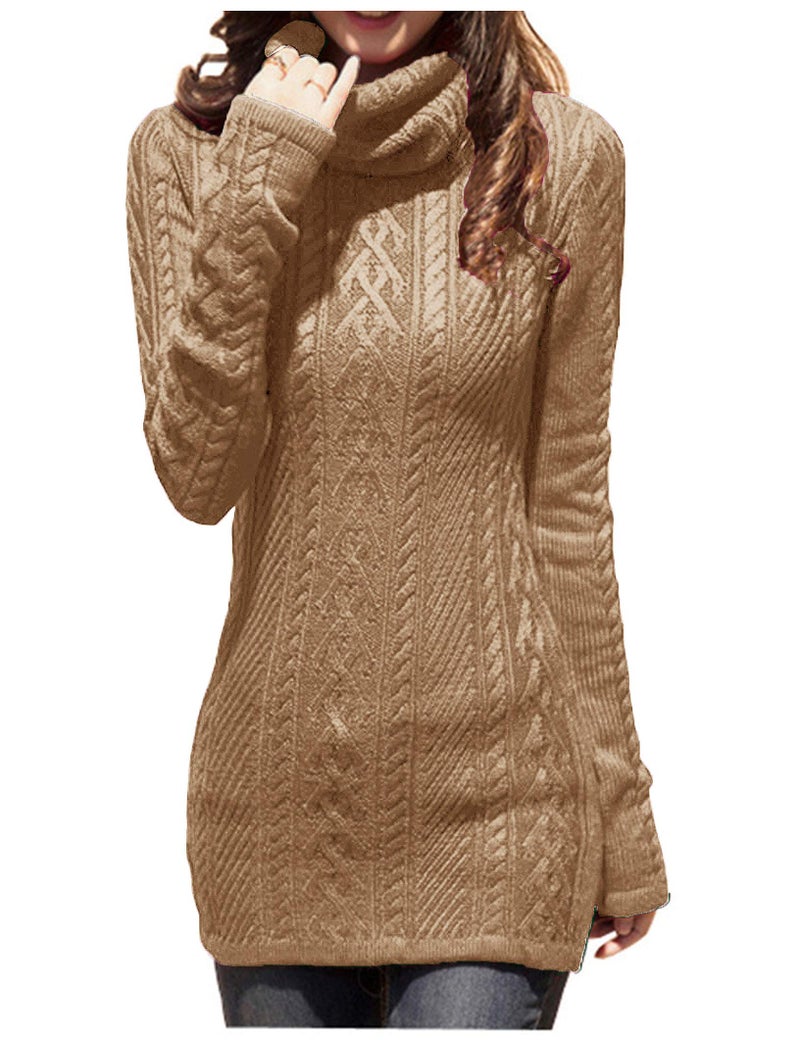 v28 Women Polo Neck Turtleneck Knit Stretchable Elasticity Long Slim Sweater (L,Khaki) - Image 1