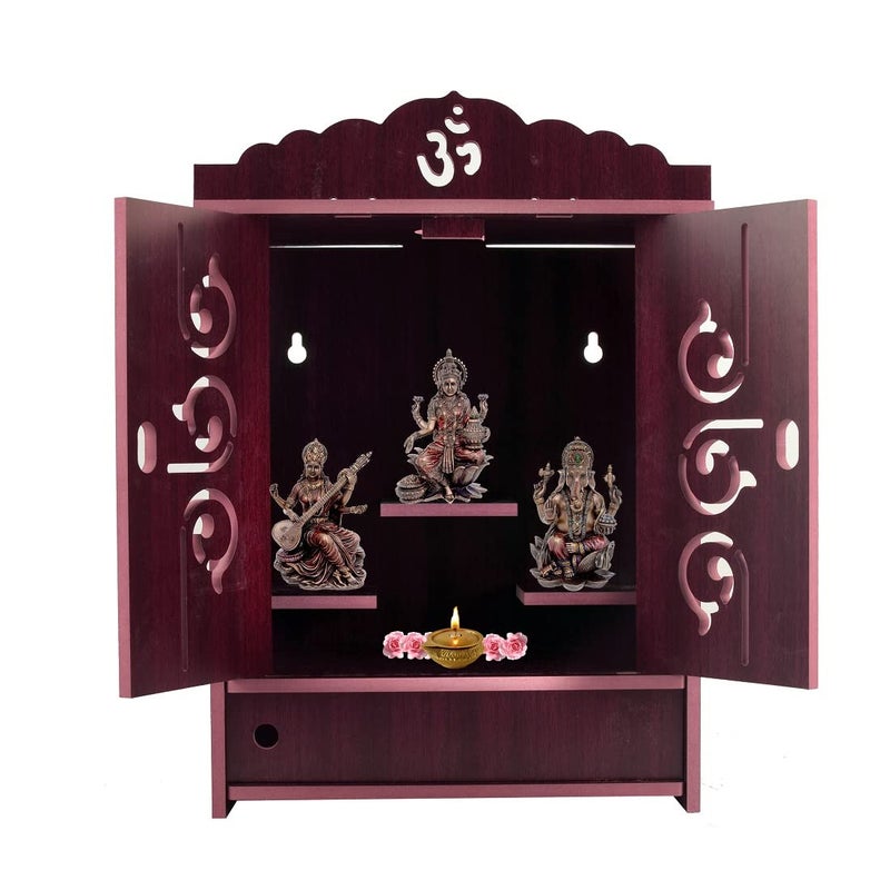 Lakhaji Beautiful MDF Wooden Home Office Temple Pooja Mandir Wall Hanging and Table Top Home Temple with Foldable Design and LED Light 19 x 28 x 43 CM Maroon