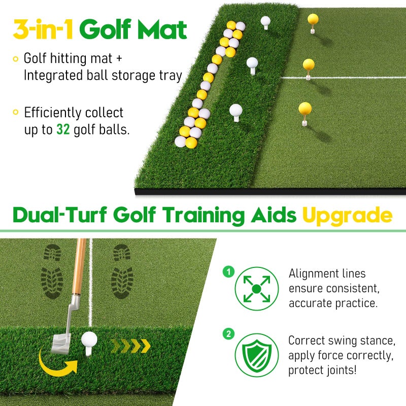 KJSUE Premium Dual Turf Golf Mat with Ball Tray, 5x4 FT Golf Hitting Mats Practice Outdoor Indoor for Backyard Driving Range Simulator Mat, Golf Chipping Swing Training Aid Mat, Gifts for Dad,Men,Golfers - Image 2