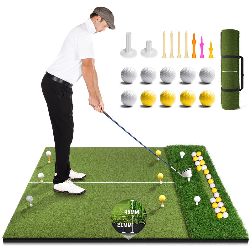 KJSUE Premium Dual Turf Golf Mat with Ball Tray, 5x4 FT Golf Hitting Mats Practice Outdoor Indoor for Backyard Driving Range Simulator Mat, Golf Chipping Swing Training Aid Mat, Gifts for Dad,Men,Golfers - Image 1