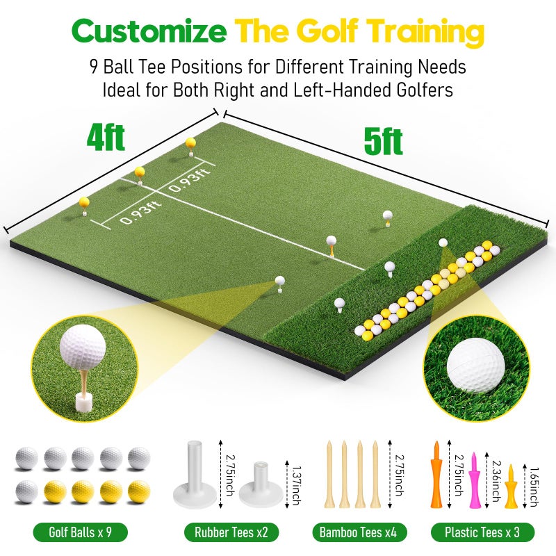 KJSUE Premium Dual Turf Golf Mat with Ball Tray, 5x4 FT Golf Hitting Mats Practice Outdoor Indoor for Backyard Driving Range Simulator Mat, Golf Chipping Swing Training Aid Mat, Gifts for Dad,Men,Golfers - Image 5