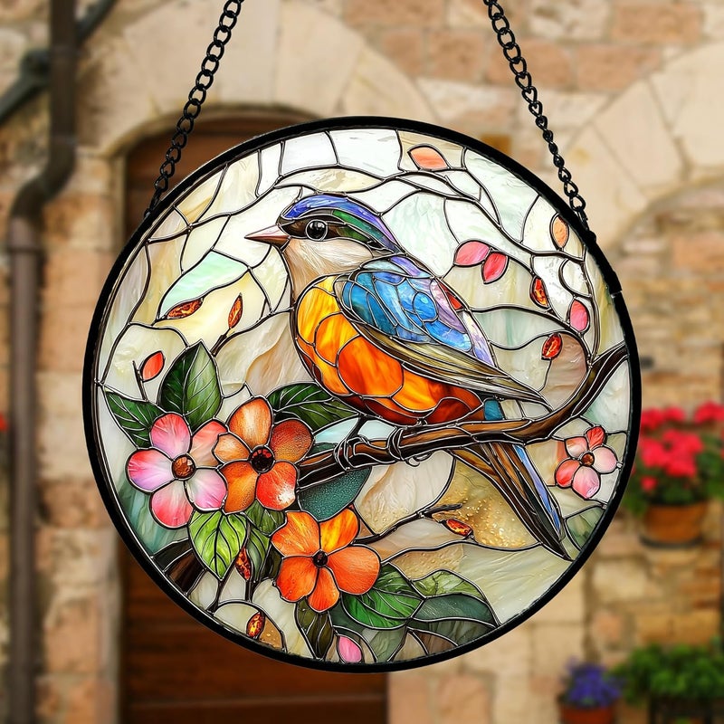 DASTOLL Stained Glass Window Hanging, Blue Bird Pink Flower Suncatcher Diamond Glass Panel Bird Sun Catchers Decor for Birthday for Women, Men, Wife, Aunt, and Mom 11.8x11.8 in - Image 2