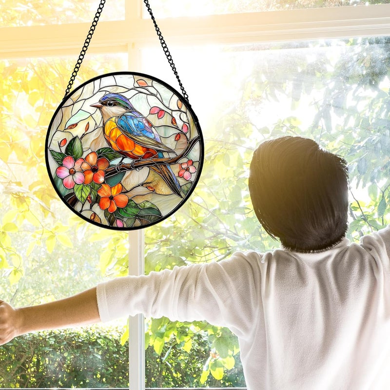 DASTOLL Stained Glass Window Hanging, Blue Bird Pink Flower Suncatcher Diamond Glass Panel Bird Sun Catchers Decor for Birthday for Women, Men, Wife, Aunt, and Mom 11.8x11.8 in - Image 4