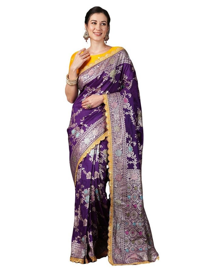 Satrani Women's Silk Blend Banarasi Jacquard Saree with Unstitched Blouse Piece (3800S305N_Deep Purple) - Image 1