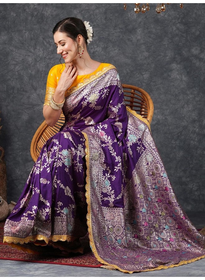 Satrani Women's Silk Blend Banarasi Jacquard Saree with Unstitched Blouse Piece (3800S305N_Deep Purple) - Image 2