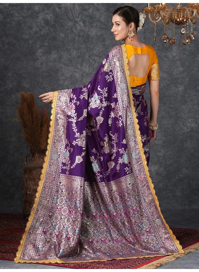 Satrani Women's Silk Blend Banarasi Jacquard Saree with Unstitched Blouse Piece (3800S305N_Deep Purple) - Image 4