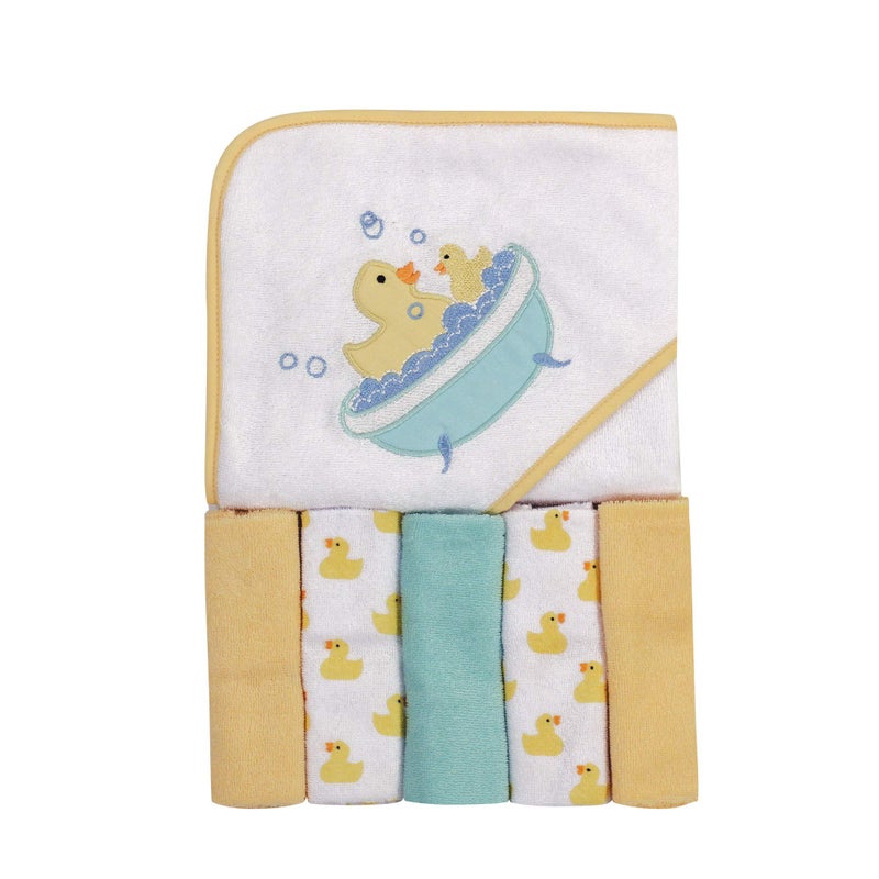 Luvable Friends Unisex Baby Hooded Towel with Five Washcloths, Bathtime Duck, One Size - Image 1