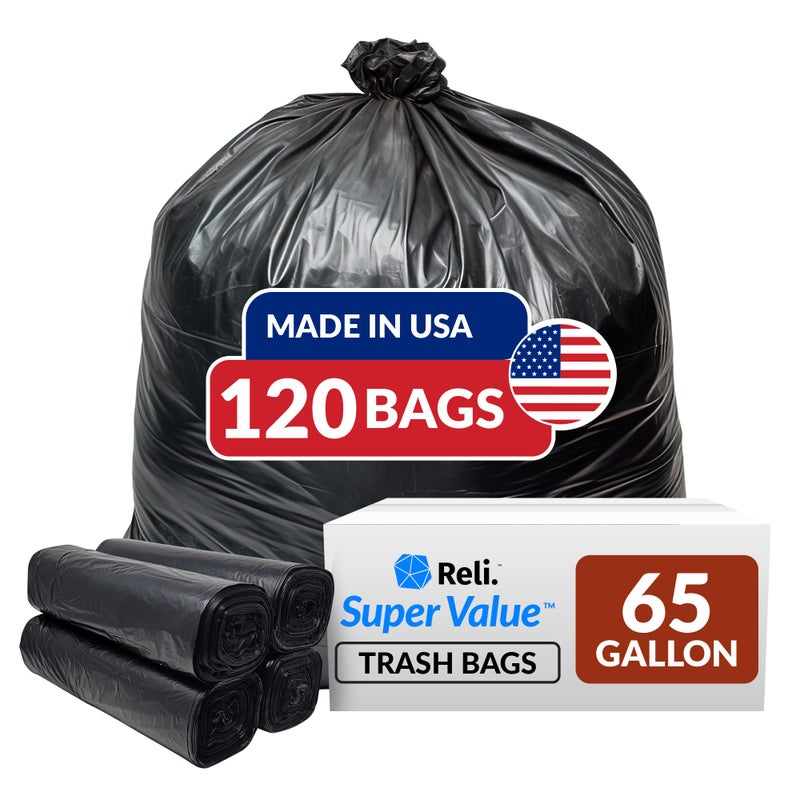 Reli. Reli SuperValue 65 Gallon Trash Bags 120 Count Made in USA Heavy Duty Bulk Black MultiUse Garbage Bags - Image 3