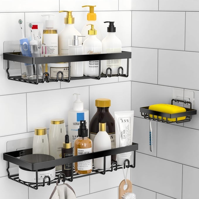 3PACK SHOWER CADDY BASKET SHELF WITH SOAP HOLDER NO DRILLING TRACELESS ADHESIVE SHOWER WALL SHELVES RUSTPROOF BLACK BATHROOM SHOWER STORAGE ORGANIZER