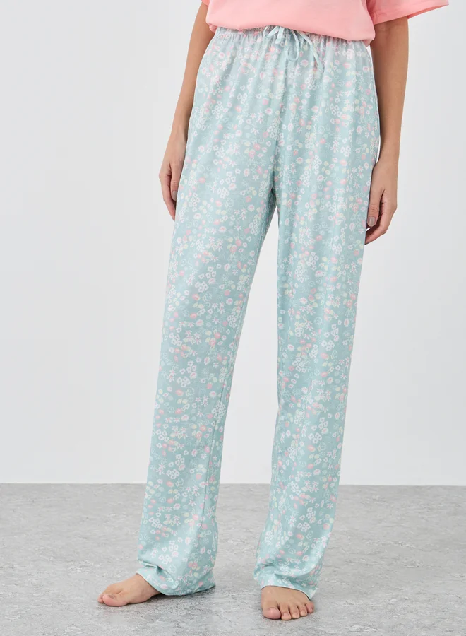Styli Styli Sunday Morning Slogan Drop Shoulder T-Shirt and Ditsy Floral Pyjama Set