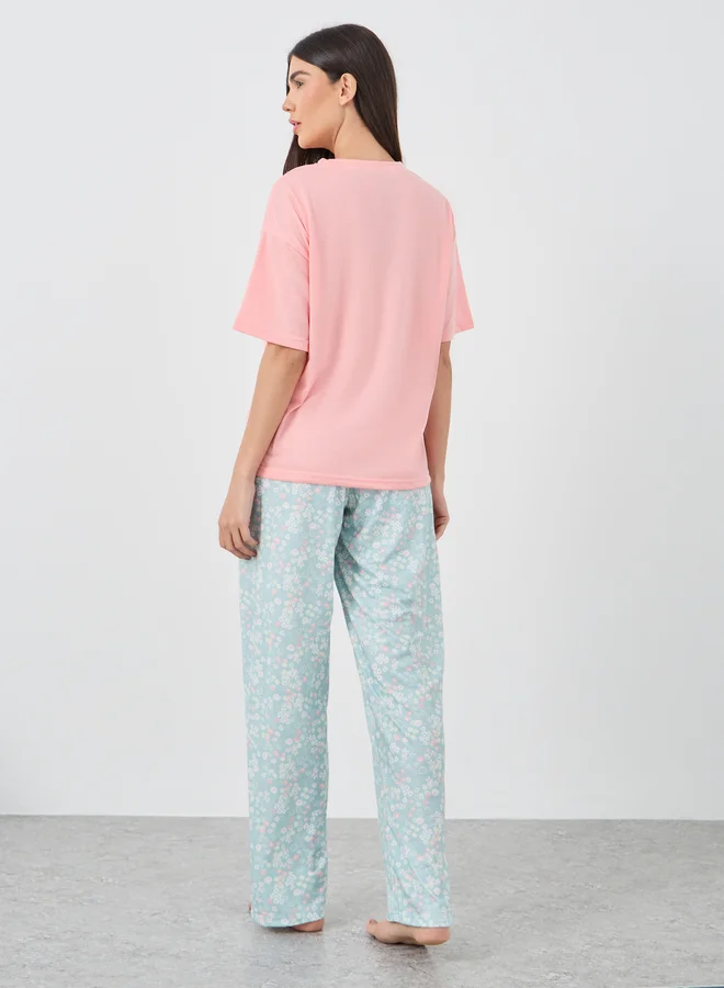 Styli Styli Sunday Morning Slogan Drop Shoulder T-Shirt and Ditsy Floral Pyjama Set