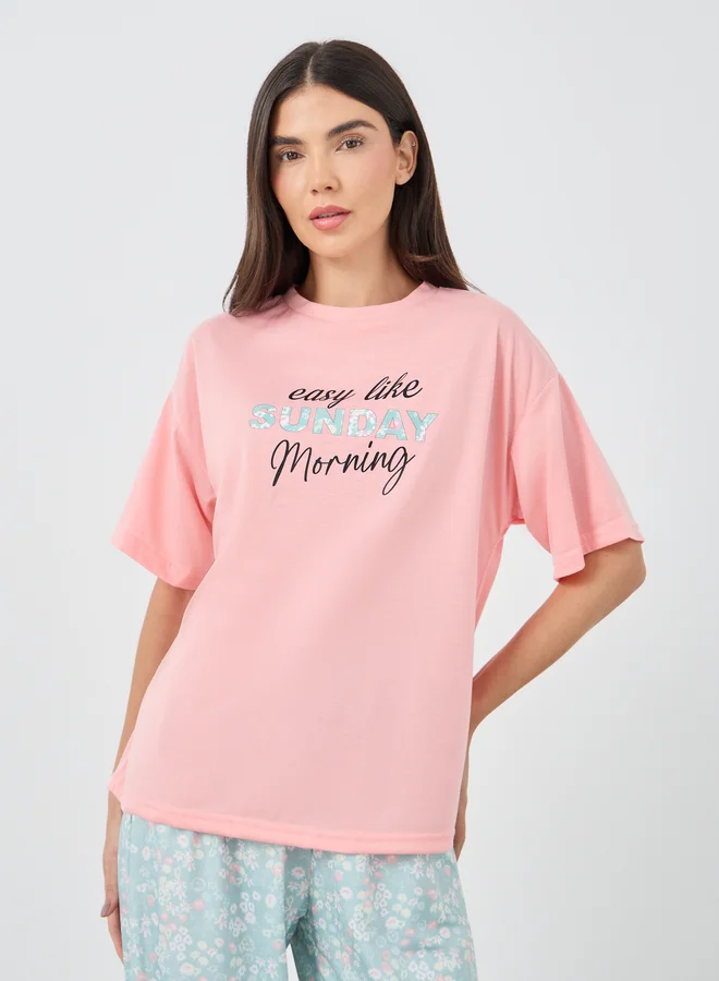 Styli Styli Sunday Morning Slogan Drop Shoulder T-Shirt and Ditsy Floral Pyjama Set