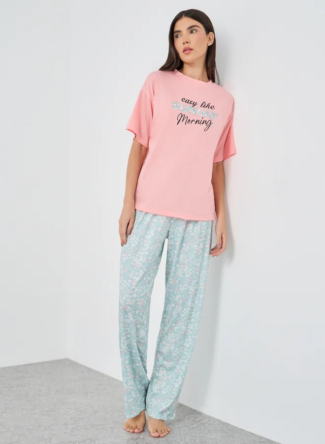 Styli Styli Sunday Morning Slogan Drop Shoulder T-Shirt and Ditsy Floral Pyjama Set