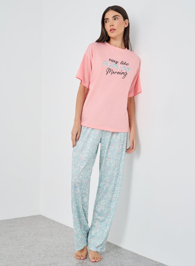 Styli Sunday Morning Slogan Drop Shoulder T-Shirt and Ditsy Floral Pyjama Set - Image 1