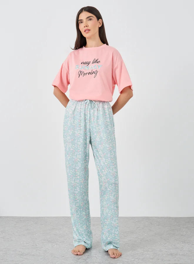 Styli Styli Sunday Morning Slogan Drop Shoulder T-Shirt and Ditsy Floral Pyjama Set
