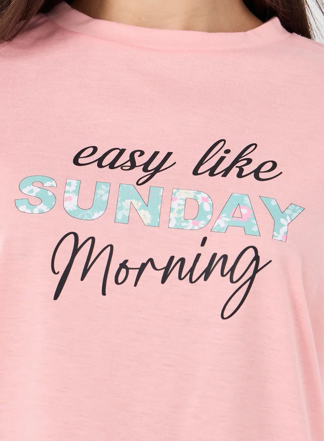 Styli Styli Sunday Morning Slogan Drop Shoulder T-Shirt and Ditsy Floral Pyjama Set