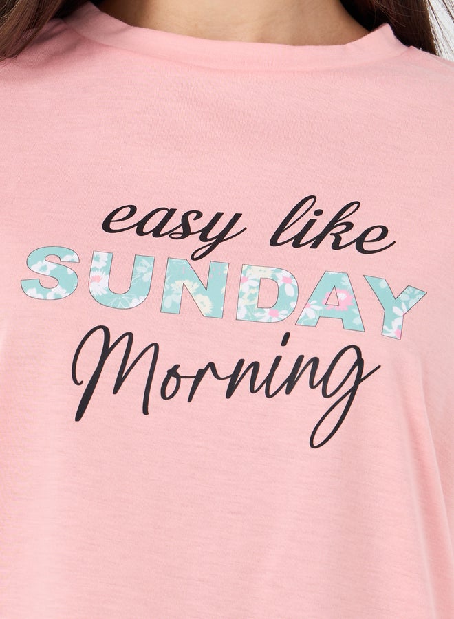 Styli Sunday Morning Slogan Drop Shoulder T-Shirt and Ditsy Floral Pyjama Set - Image 3
