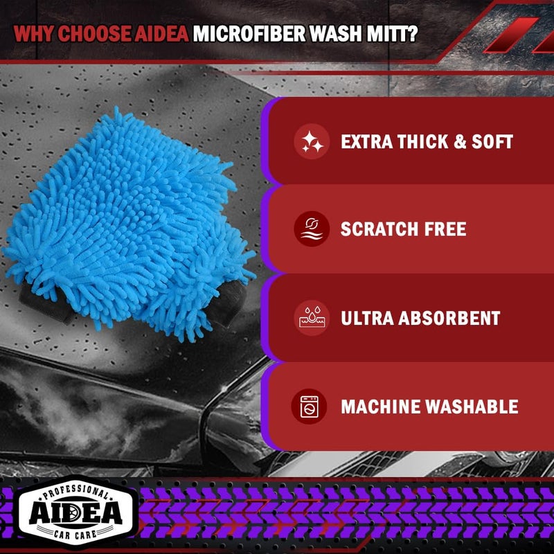 AIDEA Car Wash Mitt Microfiber-2PK, Scratch-Free& Lint-Free, Premium Chenille Microfiber Wash Mitt-Blue Regular Size (7.12''X10.14'') - Image 3