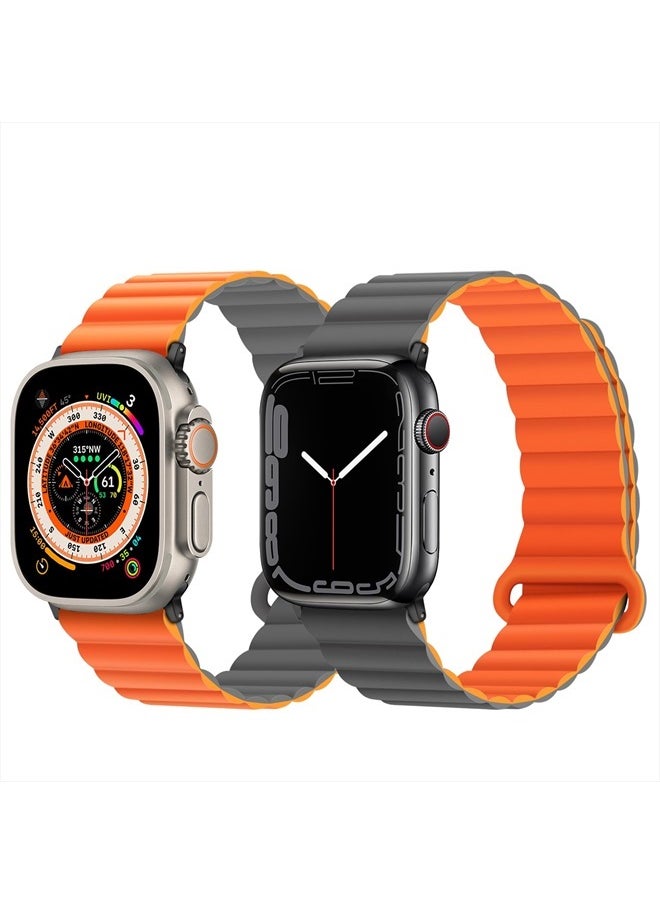 Anlinser - Compatible with Apple Watch Band 45mm 44mm 42mm 41mm 40mm 38mm, Women Men Double Side Reversible Magnetic Strap with Loop for iWatch Series 8/7/6/5/4/3/2/1/SE (45mm/44mm/42mm, Gray/Orange) - Image 1