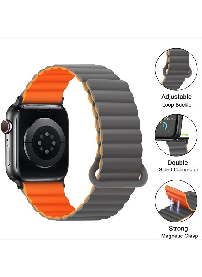 Anlinser - Compatible with Apple Watch Band 45mm 44mm 42mm 41mm 40mm 38mm, Women Men Double Side Reversible Magnetic Strap with Loop for iWatch Series 8/7/6/5/4/3/2/1/SE (45mm/44mm/42mm, Gray/Orange) - Image 1