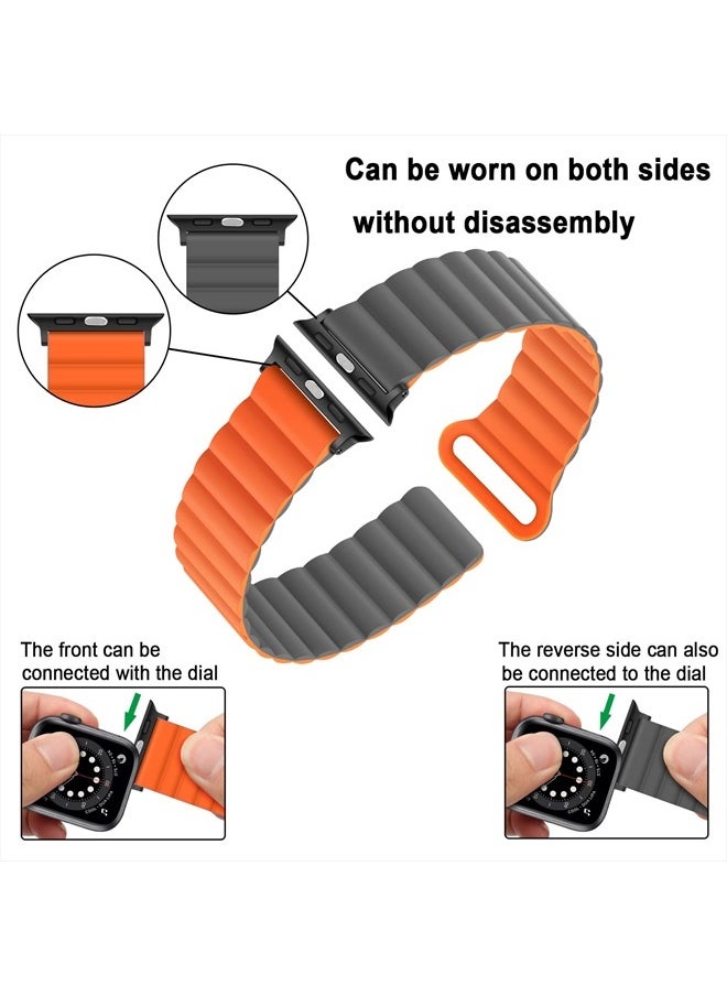 Anlinser - Compatible with Apple Watch Band 45mm 44mm 42mm 41mm 40mm 38mm, Women Men Double Side Reversible Magnetic Strap with Loop for iWatch Series 8/7/6/5/4/3/2/1/SE (45mm/44mm/42mm, Gray/Orange) - Image 1