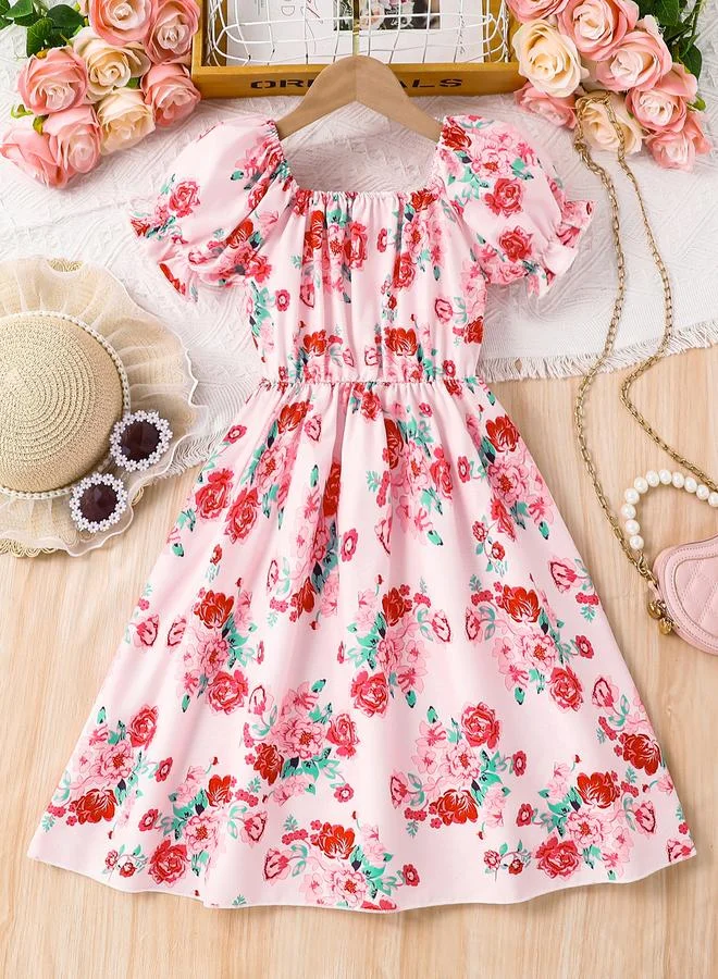 تايك تو Take Two Pink Floral Puff Sleeves A-Line Dress
