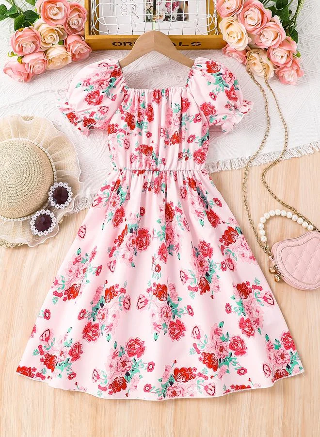 تايك تو Take Two Pink Floral Puff Sleeves A-Line Dress
