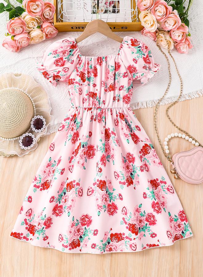 تايك تو فستان - بأكمام منتفخة وردية وزهور - Image 1