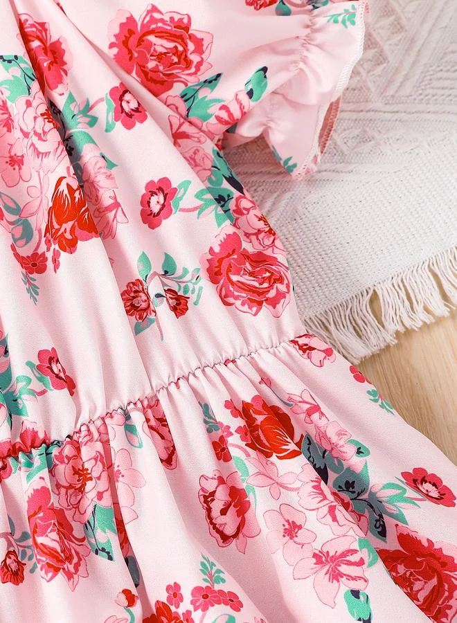 Take Two Take Two Pink Floral Puff Sleeves A-Line Dress
