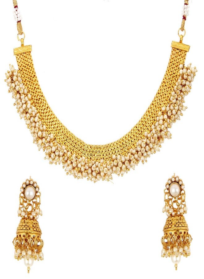 KENNICE Gold-Plated White Pearl Temple Style Necklace with Earrings Jewellery Set For Girls & Women - Image 1