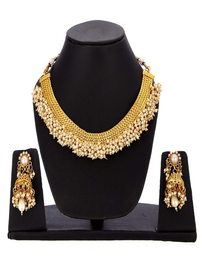 KENNICE Gold-Plated White Pearl Temple Style Necklace with Earrings Jewellery Set For Girls & Women - Image 2