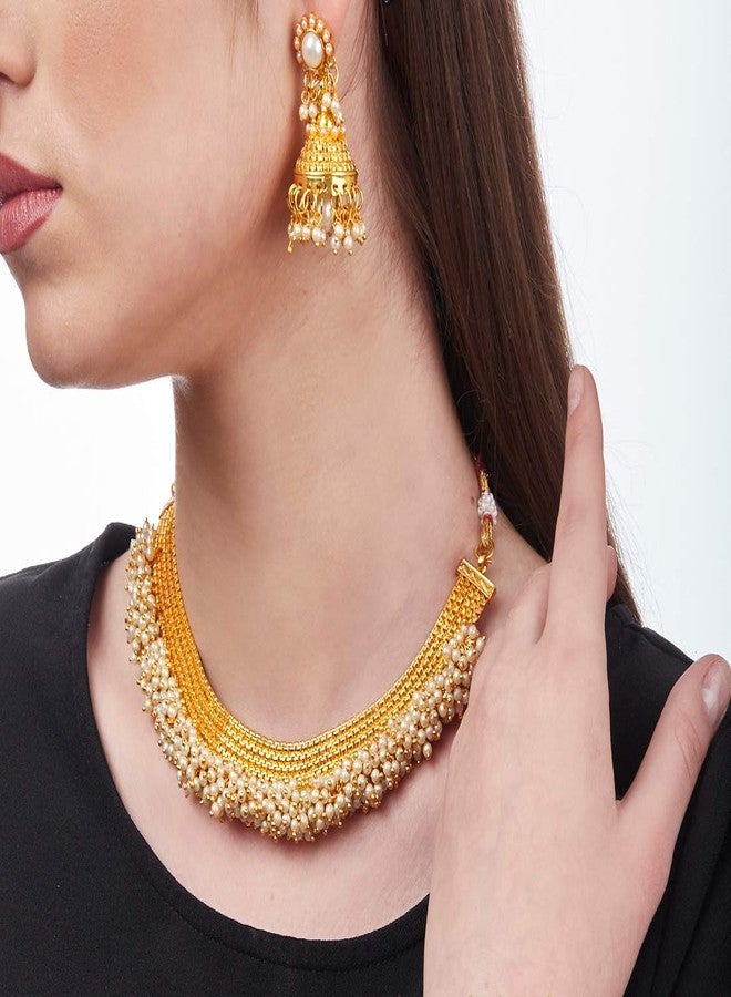 KENNICE Gold-Plated White Pearl Temple Style Necklace with Earrings Jewellery Set For Girls & Women - Image 3