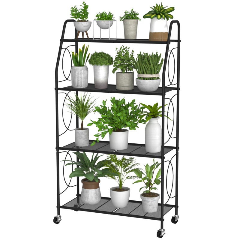 VyGrow 4 Tier Plant Stand with Wheels, Plant Shelf for Indoor Outdoor, Heavy Duty Metal Tall Plant Stands Holder Rack for Living Room Balcony and Garden, Black - Image 1