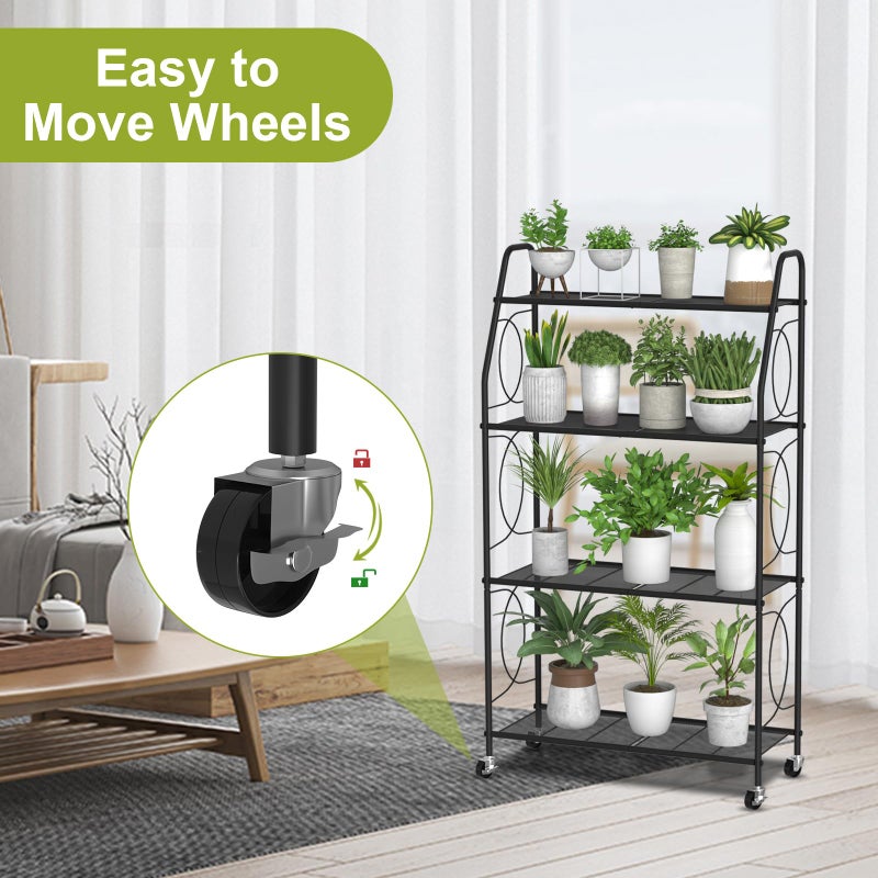 VyGrow 4 Tier Plant Stand with Wheels, Plant Shelf for Indoor Outdoor, Heavy Duty Metal Tall Plant Stands Holder Rack for Living Room Balcony and Garden, Black - Image 2