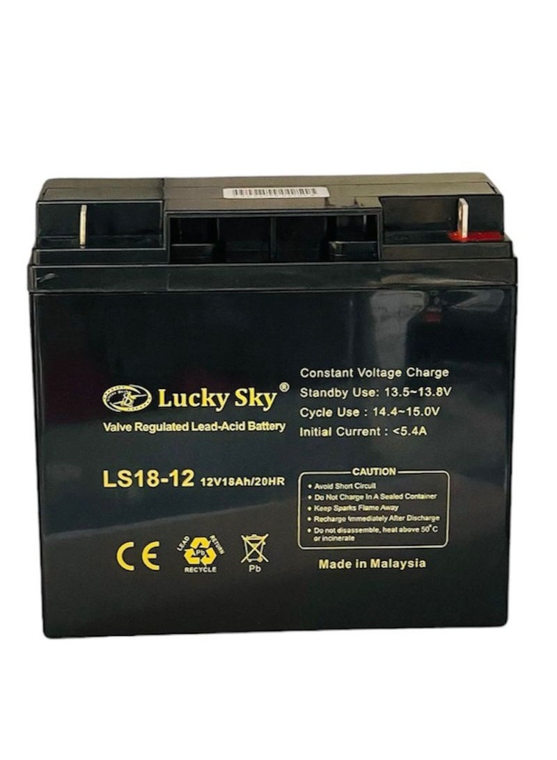 Lucky Sky بطارية حمض الرصاص مختومة قابلة لإعادة الشحن 12 فولت 18 أمبير – سعة عالية، طاقة عميقة، خالية من الصيانة – مثالية لـ UPS، الكراسي المتحركة، أنظمة الطاقة الشمسية، الأجهزة الطبية والمزيد  - Image 1