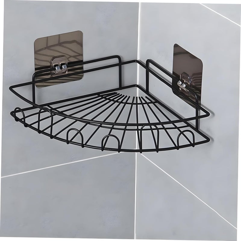 Pathavi Wall-Mounted Corner Shower Shelf Rack – No-Drill Adhesive Bathroom Organizer Basket with Hooks, Rustproof Metal Storage for Toiletries & Accessories (Black) - Image 1