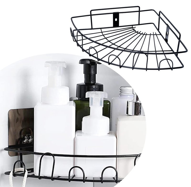 Pathavi Wall-Mounted Corner Shower Shelf Rack – No-Drill Adhesive Bathroom Organizer Basket with Hooks, Rustproof Metal Storage for Toiletries & Accessories (Black) - Image 5