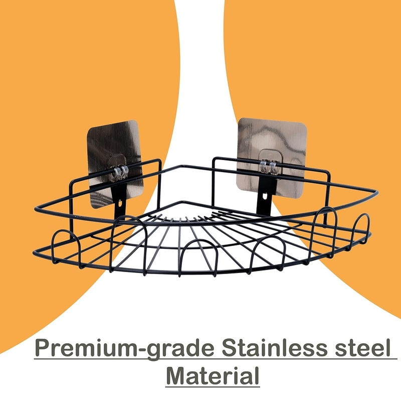 Pathavi Wall-Mounted Corner Shower Shelf Rack – No-Drill Adhesive Bathroom Organizer Basket with Hooks, Rustproof Metal Storage for Toiletries & Accessories (Black) - Image 3