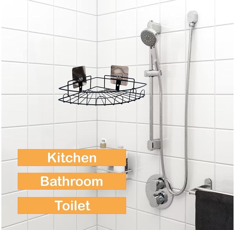 Pathavi Wall-Mounted Corner Shower Shelf Rack – No-Drill Adhesive Bathroom Organizer Basket with Hooks, Rustproof Metal Storage for Toiletries & Accessories (Black) - Image 4